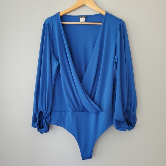 Venus Blue Deep V Neck Wrap 3/4 Sleeve One Piece Bodysuit Womens XL - Picture 2 of 6